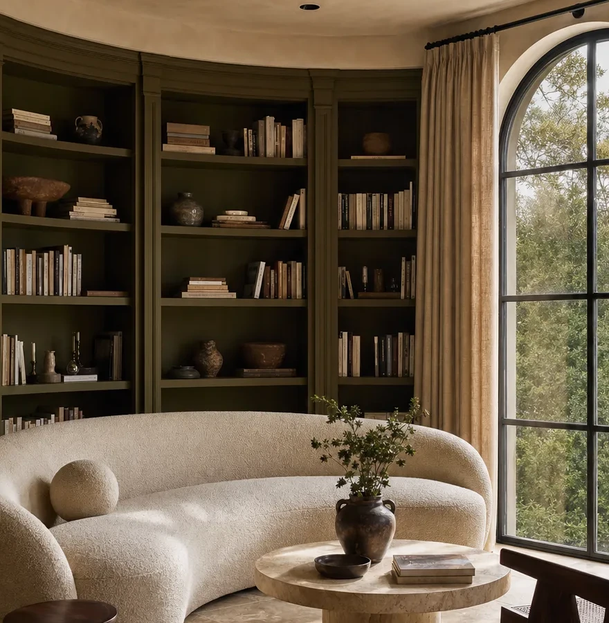 Warm green home library lounge