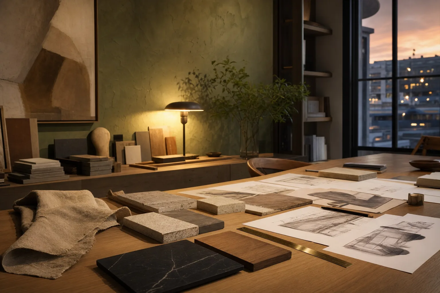 Interior design studio workspace with material samples
