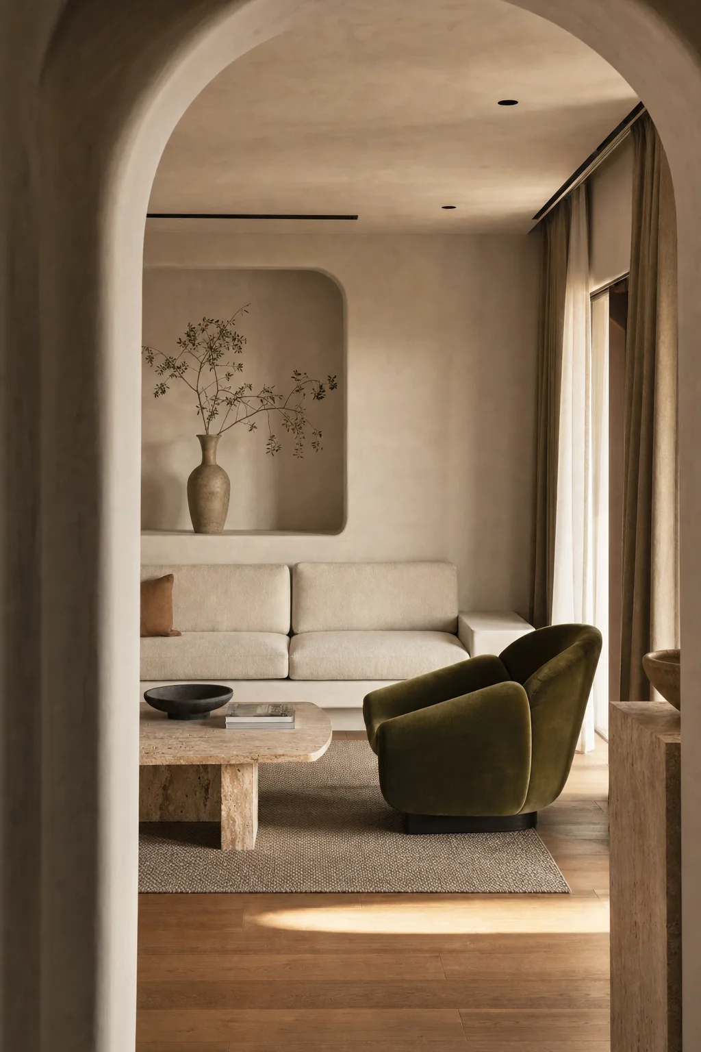 Modern living room with arched plaster doorway