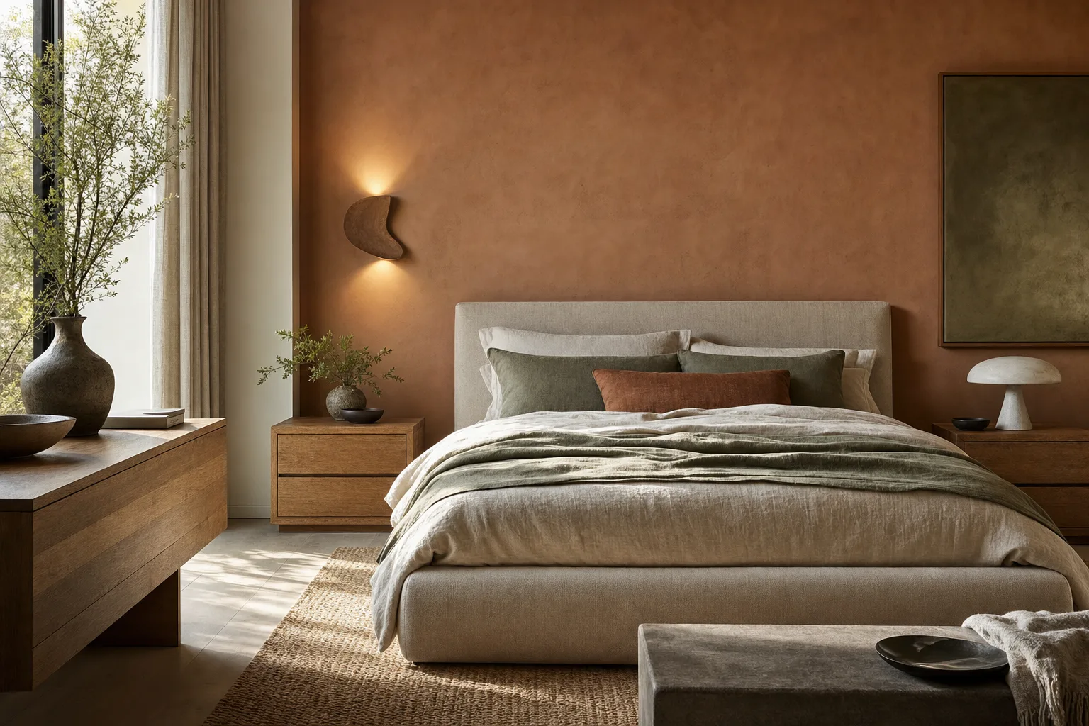 Quiet bedroom with linen bed and sage palette