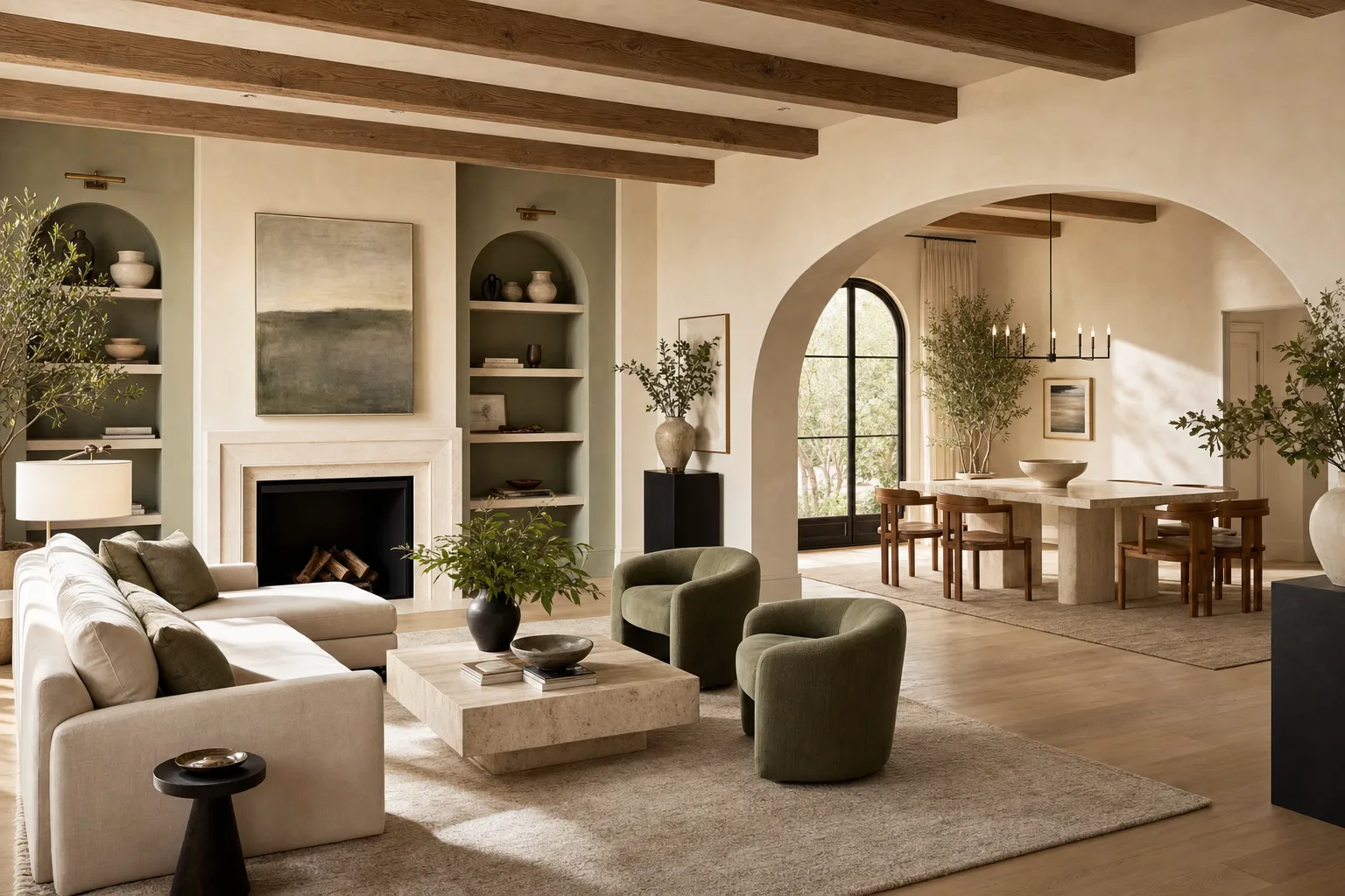 Open living and dining residence with mineral green accents
